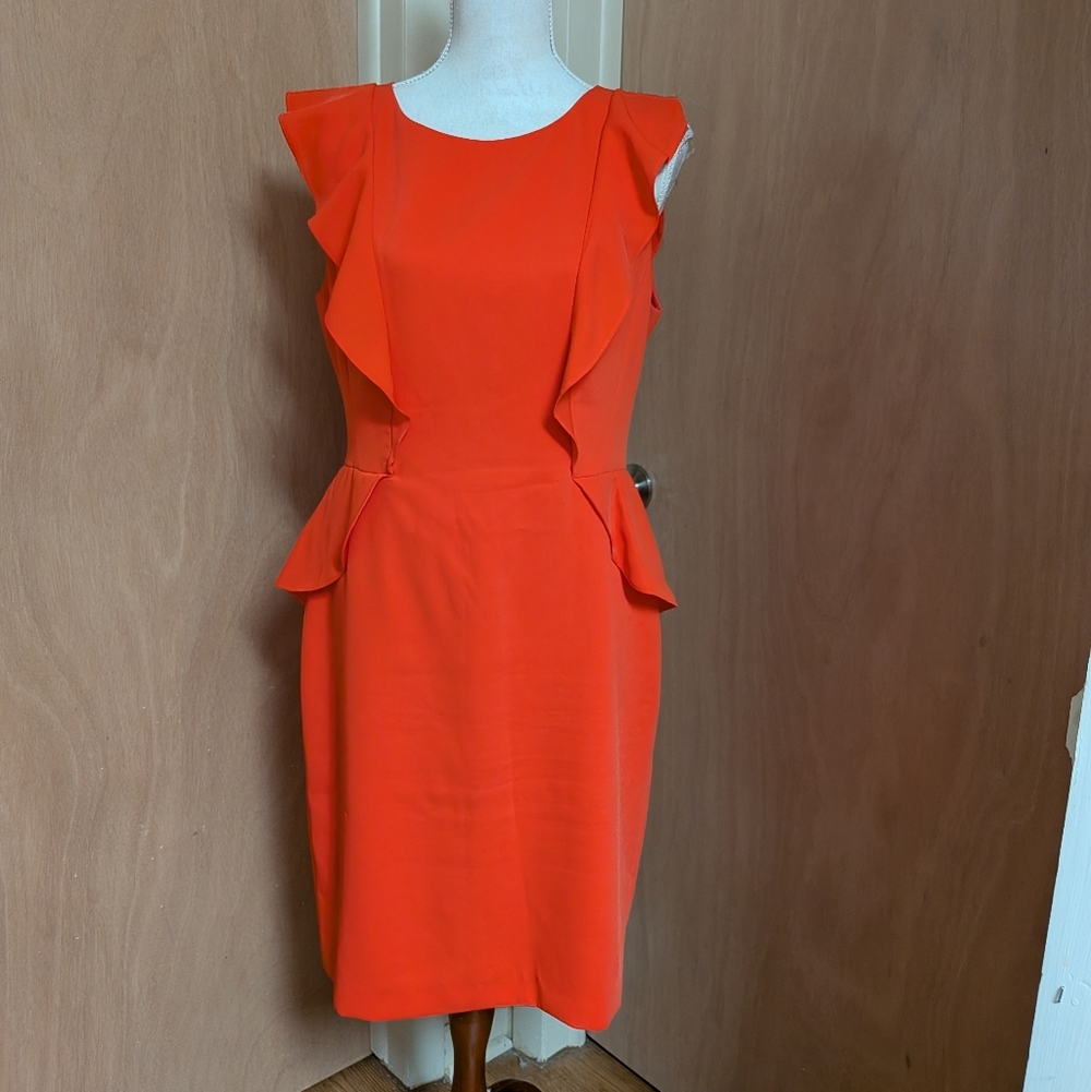 Anne Klein Coral Ruffle Peplum Sheath Dress Size 10 Career Or Cocktail
